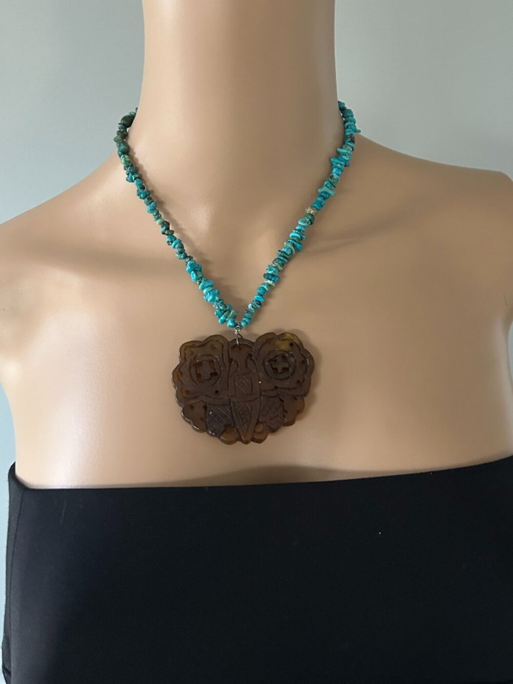 Faux Turquoise Necklace W/Carved Pendant